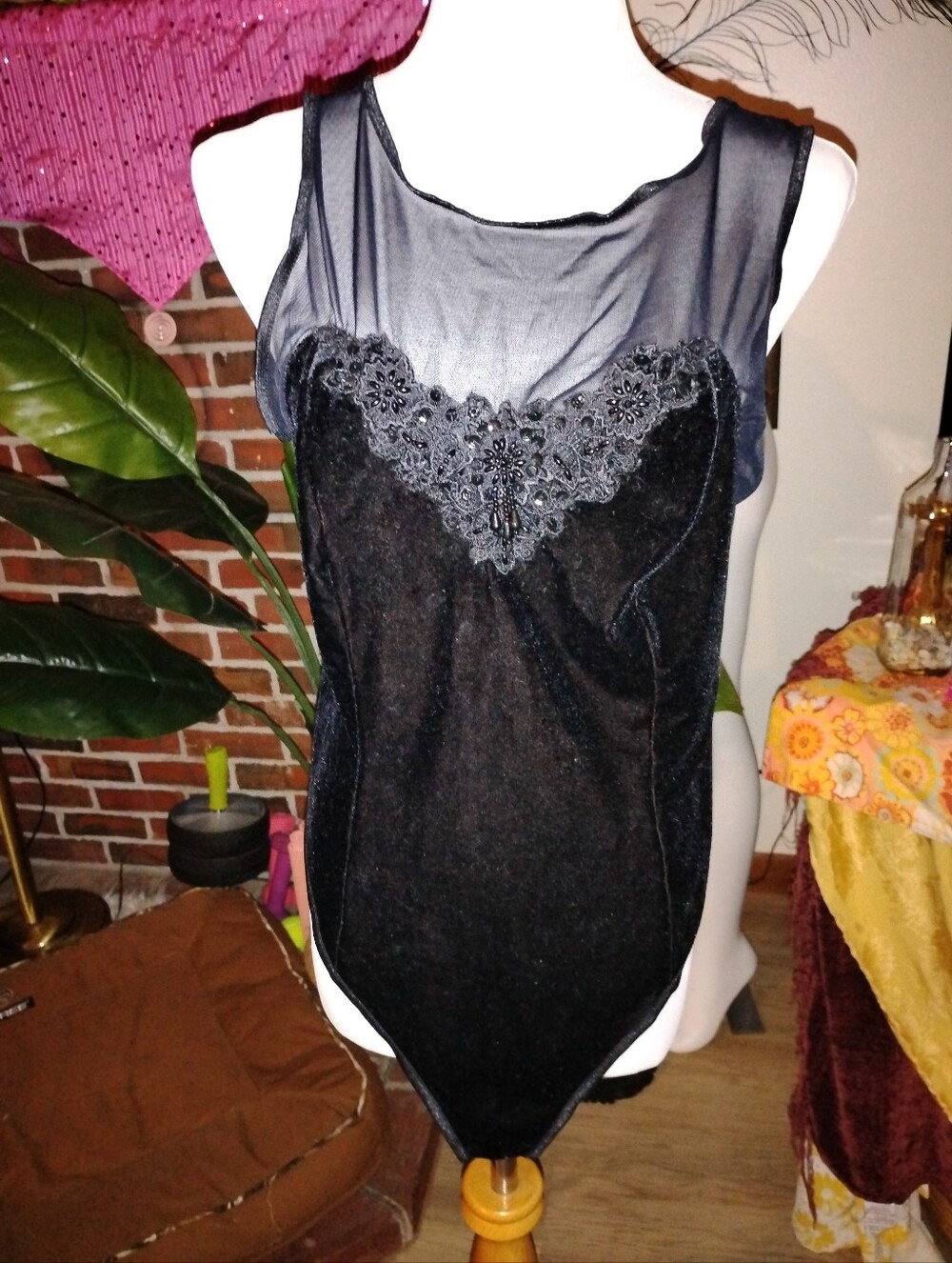 Vintage Black Velvet Sheer Mesh Beaded Bodysuit Leotard Medium